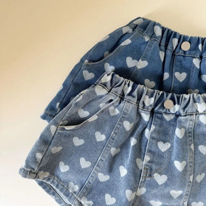 Heart Print Denim Shorts - Casual Knee-Length Shorts for Kids 1-8Y - ZOOMNSTORE