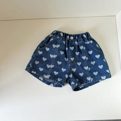 Heart Print Denim Shorts - Casual Knee-Length Shorts for Kids 1-8Y - ZOOMNSTORE
