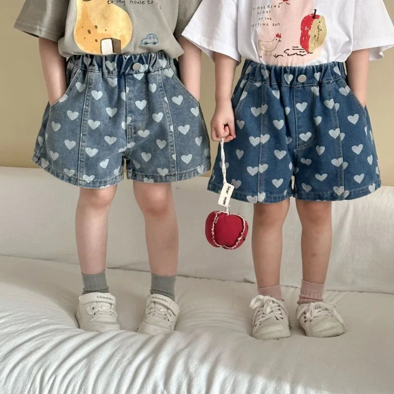 Heart Print Denim Shorts - Casual Knee-Length Shorts for Kids 1-8Y - ZOOMNSTORE