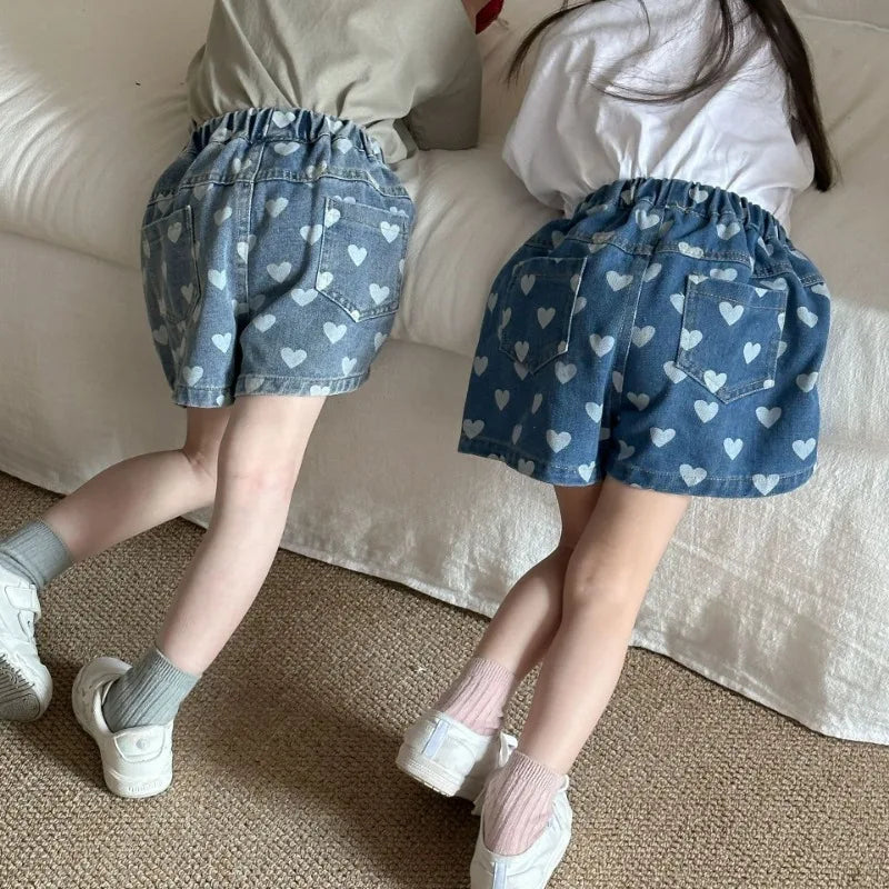 Heart Print Denim Shorts - Casual Knee-Length Shorts for Kids 1-8Y - ZOOMNSTORE