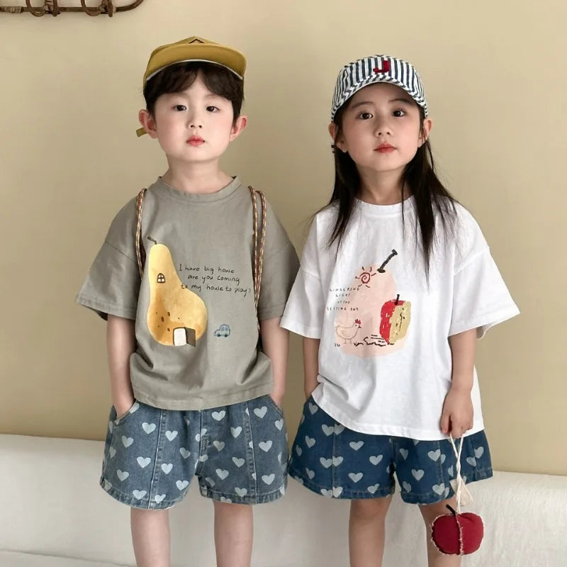 Heart Print Denim Shorts - Casual Knee-Length Shorts for Kids 1-8Y - ZOOMNSTORE