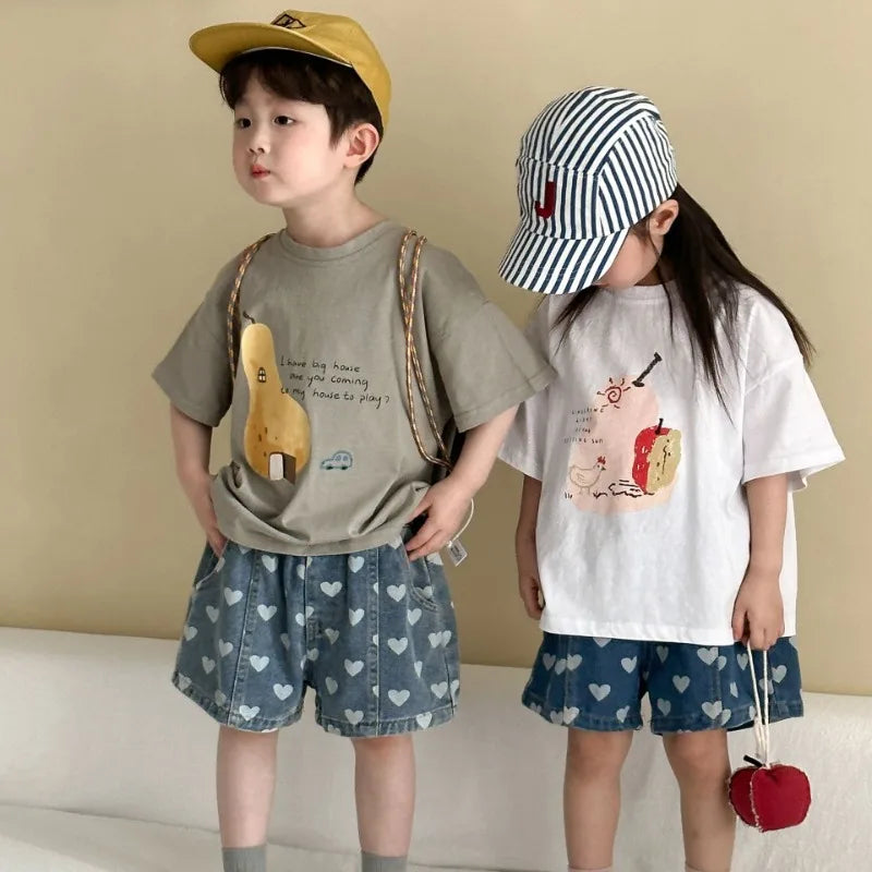 Heart Print Denim Shorts - Casual Knee-Length Shorts for Kids 1-8Y - ZOOMNSTORE