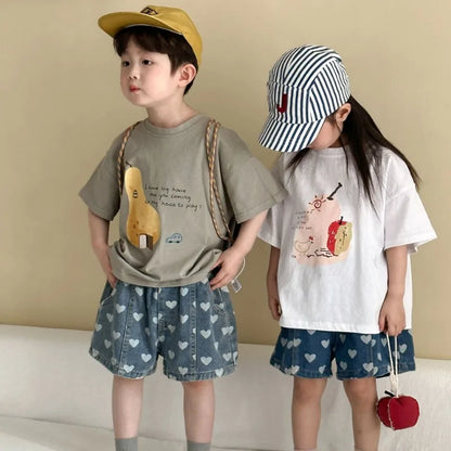 Heart Print Denim Shorts - Casual Knee-Length Shorts for Kids 1-8Y - ZOOMNSTORE