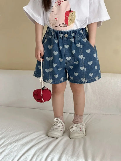 Heart Print Denim Shorts - Casual Knee-Length Shorts for Kids 1-8Y - ZOOMNSTORE