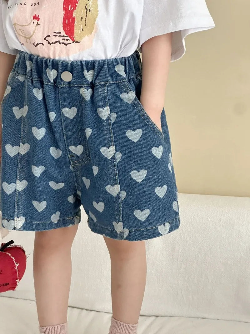 Heart Print Denim Shorts - Casual Knee-Length Shorts for Kids 1-8Y - ZOOMNSTORE