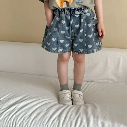 Heart Print Denim Shorts - Casual Knee-Length Shorts for Kids 1-8Y - ZOOMNSTORE