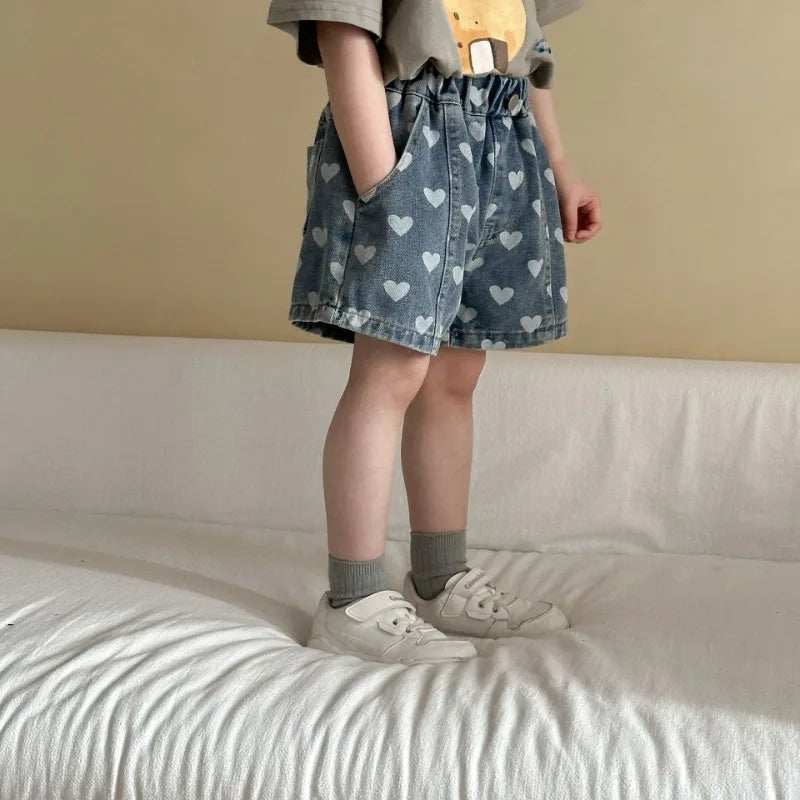 Heart Print Denim Shorts - Casual Knee-Length Shorts for Kids 1-8Y - ZOOMNSTORE