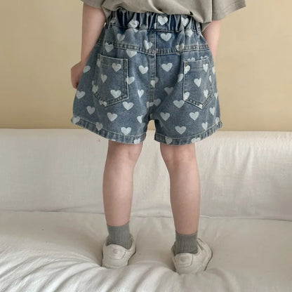 Heart Print Denim Shorts - Casual Knee-Length Shorts for Kids 1-8Y - ZOOMNSTORE