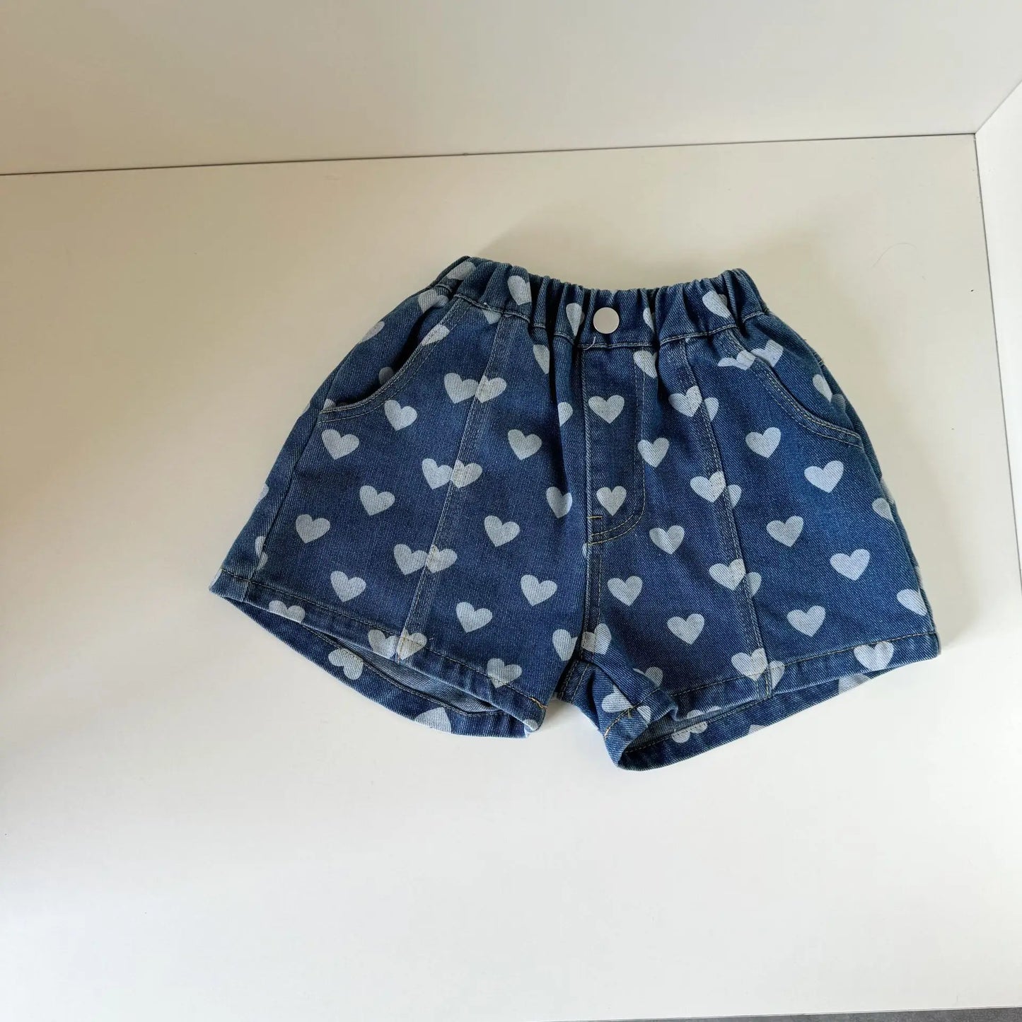 Heart Print Denim Shorts - Casual Knee-Length Shorts for Kids 1-8Y - ZOOMNSTORE
