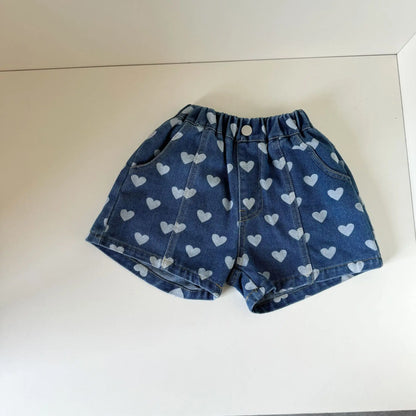 Heart Print Denim Shorts - Casual Knee-Length Shorts for Kids 1-8Y - ZOOMNSTORE
