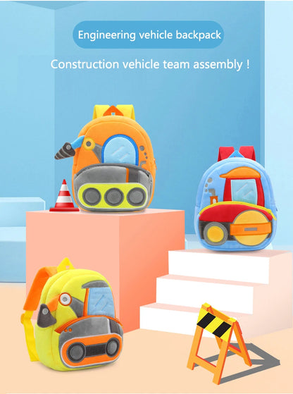 Kids Cartoon Excavator Backpack - Plush Engineering School Bag for Ages 2-4 - ZOOMNSTORE