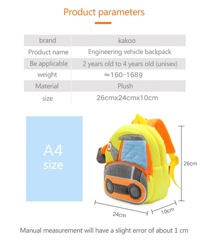 Kids Cartoon Excavator Backpack - Plush Engineering School Bag for Ages 2-4 - ZOOMNSTORE