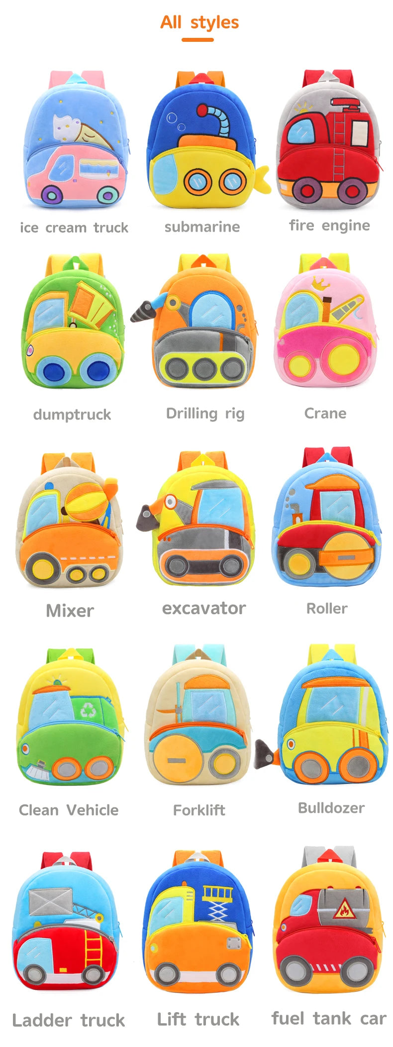 Kids Cartoon Excavator Backpack - Plush Engineering School Bag for Ages 2-4 - ZOOMNSTORE