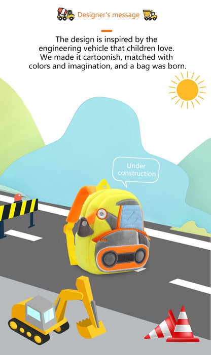 Kids Cartoon Excavator Backpack - Plush Engineering School Bag for Ages 2-4 - ZOOMNSTORE