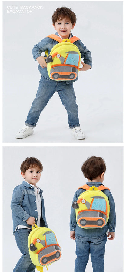 Kids Cartoon Excavator Backpack - Plush Engineering School Bag for Ages 2-4 - ZOOMNSTORE