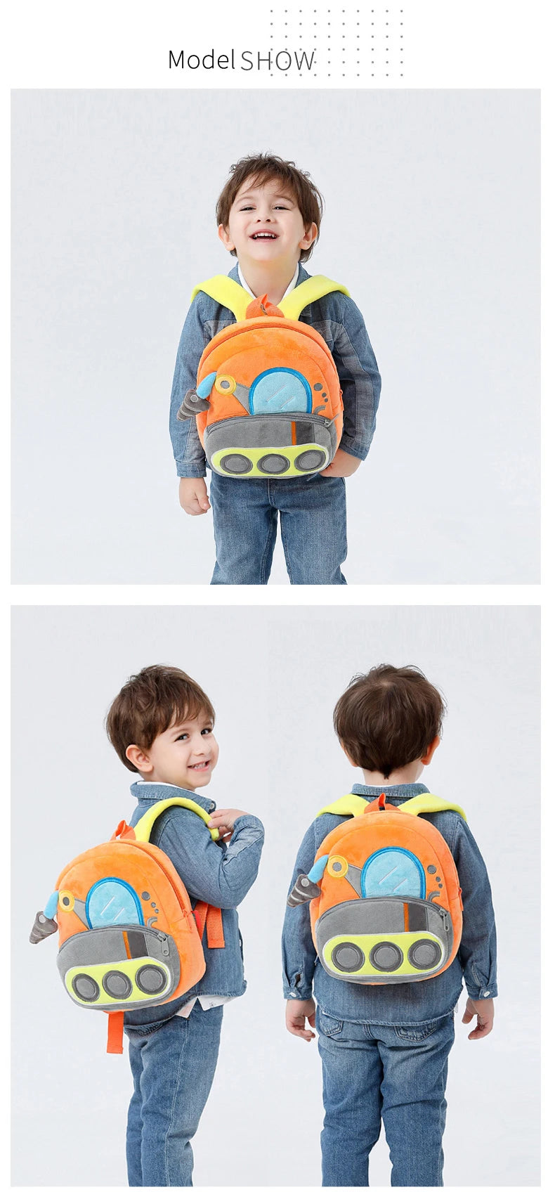 Kids Cartoon Excavator Backpack - Plush Engineering School Bag for Ages 2-4 - ZOOMNSTORE