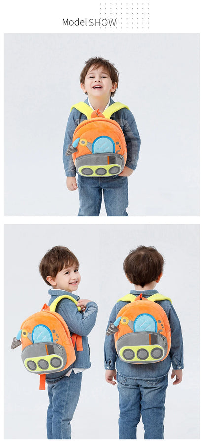 Kids Cartoon Excavator Backpack - Plush Engineering School Bag for Ages 2-4 - ZOOMNSTORE