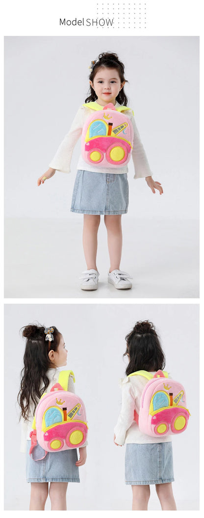 Kids Cartoon Excavator Backpack - Plush Engineering School Bag for Ages 2-4 - ZOOMNSTORE