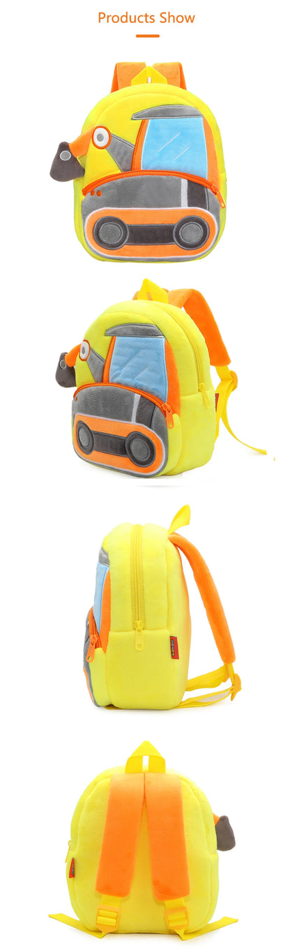 Kids Cartoon Excavator Backpack - Plush Engineering School Bag for Ages 2-4 - ZOOMNSTORE