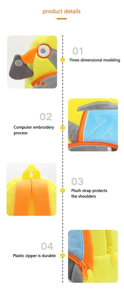 Kids Cartoon Excavator Backpack - Plush Engineering School Bag for Ages 2-4 - ZOOMNSTORE