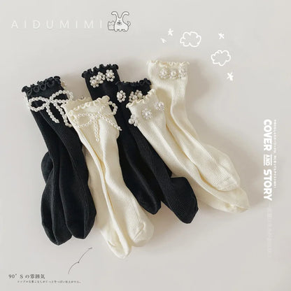 Kids Socks Sweet Bowknot Pearl Lace Stockings Girl Princess Wind Lolita Heap Socks Children Knee High Sock chaussette - ZOOMNSTORE