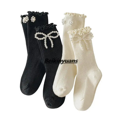 Kids Socks Sweet Bowknot Pearl Lace Stockings Girl Princess Wind Lolita Heap Socks Children Knee High Sock chaussette - ZOOMNSTORE