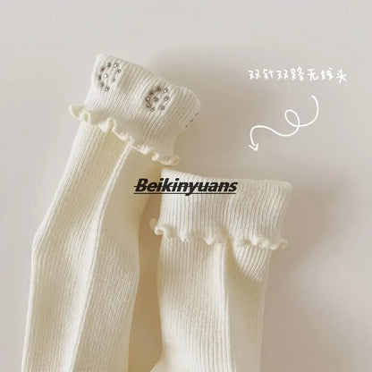 Kids Socks Sweet Bowknot Pearl Lace Stockings Girl Princess Wind Lolita Heap Socks Children Knee High Sock chaussette - ZOOMNSTORE