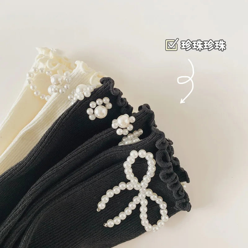 Kids Socks Sweet Bowknot Pearl Lace Stockings Girl Princess Wind Lolita Heap Socks Children Knee High Sock chaussette - ZOOMNSTORE