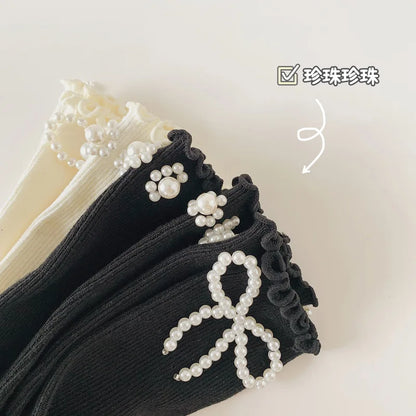 Kids Socks Sweet Bowknot Pearl Lace Stockings Girl Princess Wind Lolita Heap Socks Children Knee High Sock chaussette - ZOOMNSTORE
