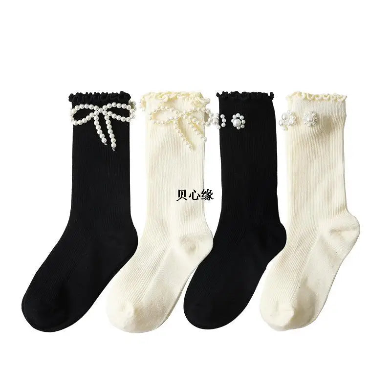Kids Socks Sweet Bowknot Pearl Lace Stockings Girl Princess Wind Lolita Heap Socks Children Knee High Sock chaussette - ZOOMNSTORE
