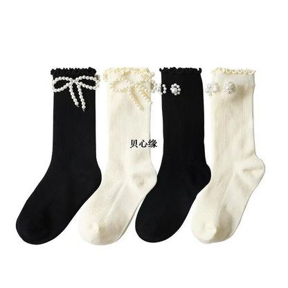 Kids Socks Sweet Bowknot Pearl Lace Stockings Girl Princess Wind Lolita Heap Socks Children Knee High Sock chaussette - ZOOMNSTORE
