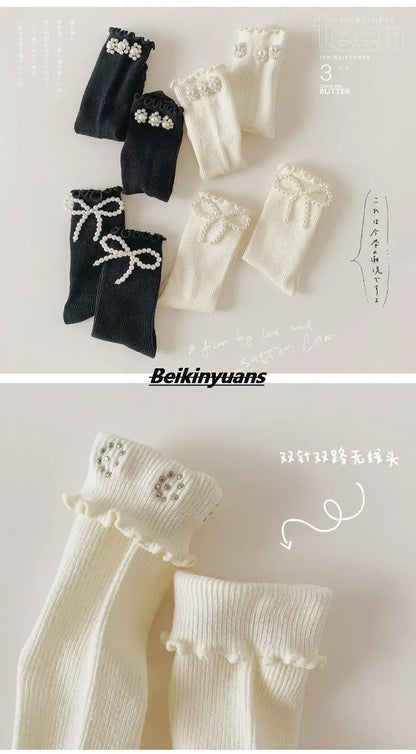 Kids Socks Sweet Bowknot Pearl Lace Stockings Girl Princess Wind Lolita Heap Socks Children Knee High Sock chaussette - ZOOMNSTORE