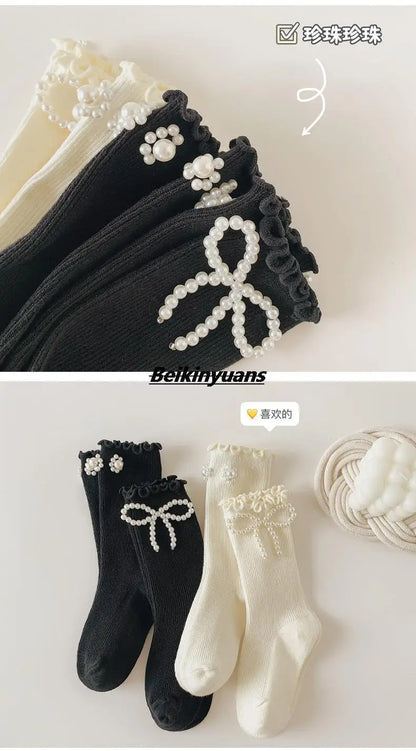 Kids Socks Sweet Bowknot Pearl Lace Stockings Girl Princess Wind Lolita Heap Socks Children Knee High Sock chaussette - ZOOMNSTORE