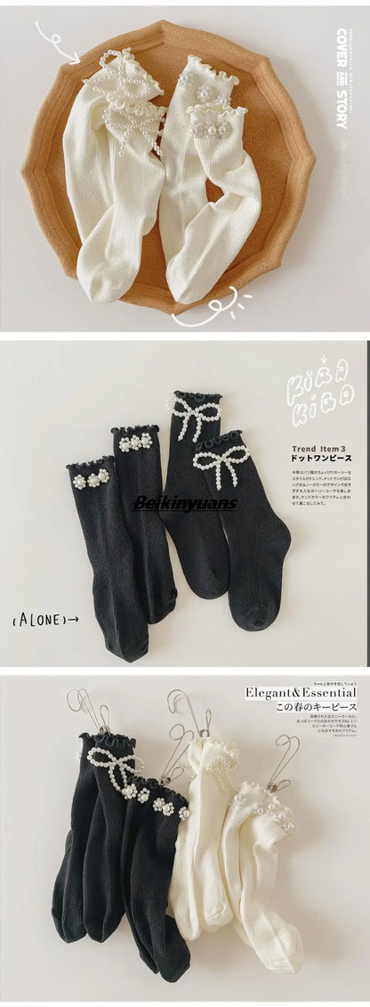 Kids Socks Sweet Bowknot Pearl Lace Stockings Girl Princess Wind Lolita Heap Socks Children Knee High Sock chaussette - ZOOMNSTORE