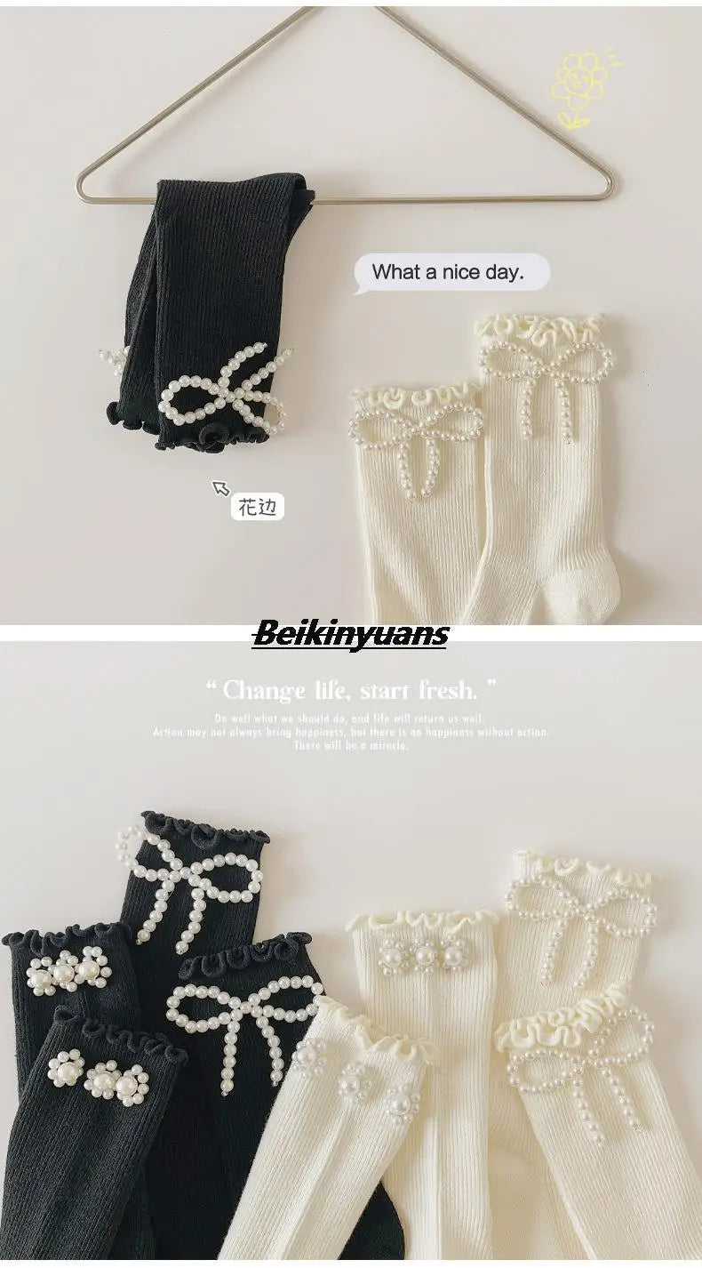 Kids Socks Sweet Bowknot Pearl Lace Stockings Girl Princess Wind Lolita Heap Socks Children Knee High Sock chaussette - ZOOMNSTORE