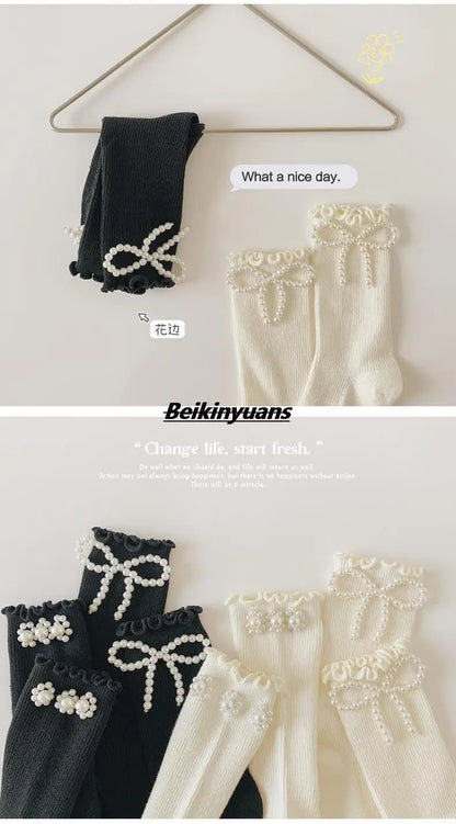 Kids Socks Sweet Bowknot Pearl Lace Stockings Girl Princess Wind Lolita Heap Socks Children Knee High Sock chaussette - ZOOMNSTORE