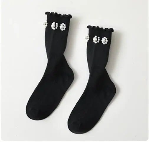 Kids Socks Sweet Bowknot Pearl Lace Stockings Girl Princess Wind Lolita Heap Socks Children Knee High Sock chaussette - ZOOMNSTORE