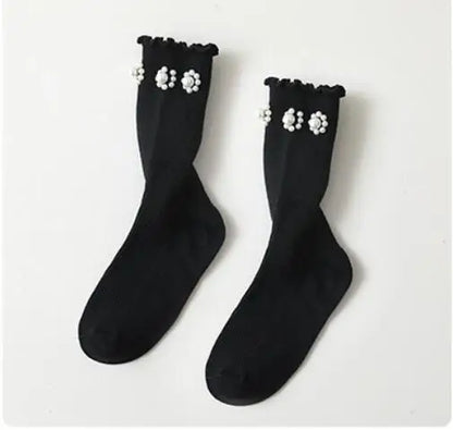 Kids Socks Sweet Bowknot Pearl Lace Stockings Girl Princess Wind Lolita Heap Socks Children Knee High Sock chaussette - ZOOMNSTORE