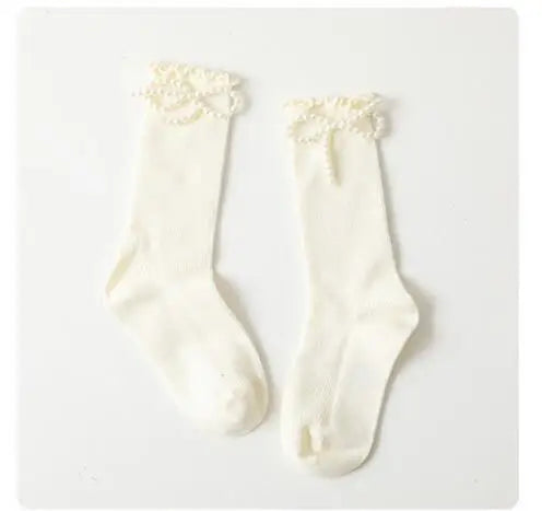 Kids Socks Sweet Bowknot Pearl Lace Stockings Girl Princess Wind Lolita Heap Socks Children Knee High Sock chaussette - ZOOMNSTORE