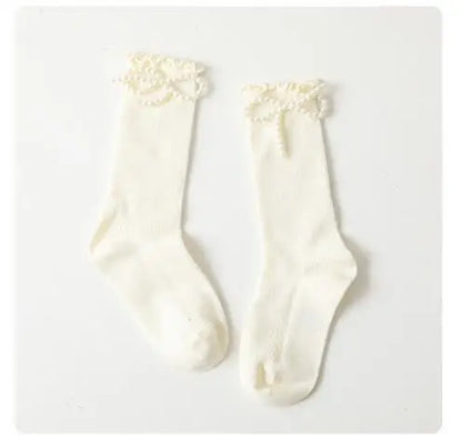 Kids Socks Sweet Bowknot Pearl Lace Stockings Girl Princess Wind Lolita Heap Socks Children Knee High Sock chaussette - ZOOMNSTORE