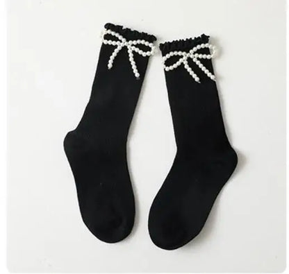 Kids Socks Sweet Bowknot Pearl Lace Stockings Girl Princess Wind Lolita Heap Socks Children Knee High Sock chaussette - ZOOMNSTORE