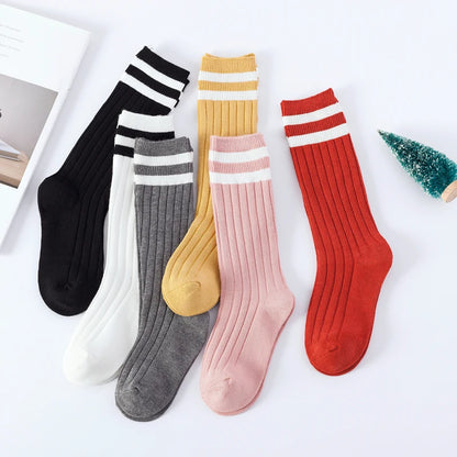 1 Pairs Kids Knee High Long Socks Autumn Winter Warmth Soft Cotton Children School Stocking Black White Stripes Sports Socks - ZOOMNSTORE