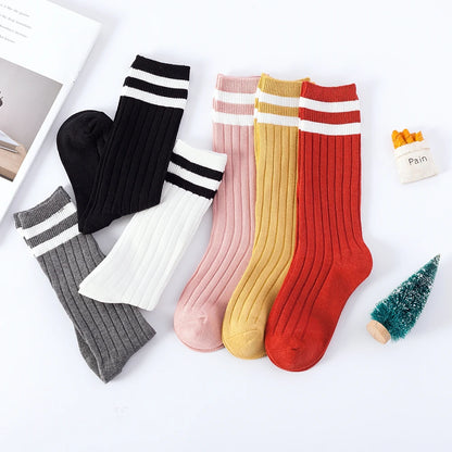 1 Pairs Kids Knee High Long Socks Autumn Winter Warmth Soft Cotton Children School Stocking Black White Stripes Sports Socks - ZOOMNSTORE