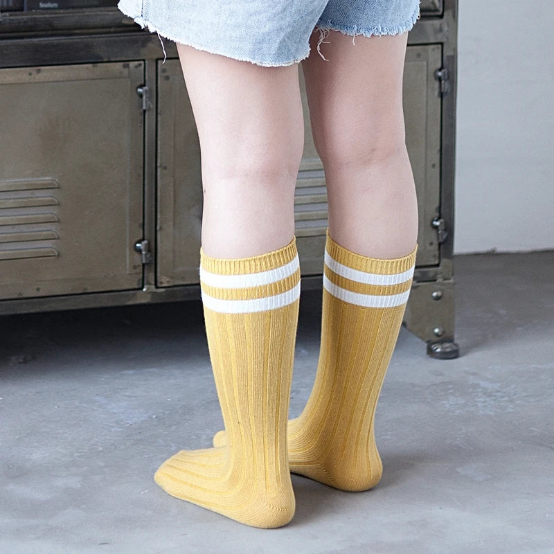 1 Pairs Kids Knee High Long Socks Autumn Winter Warmth Soft Cotton Children School Stocking Black White Stripes Sports Socks - ZOOMNSTORE