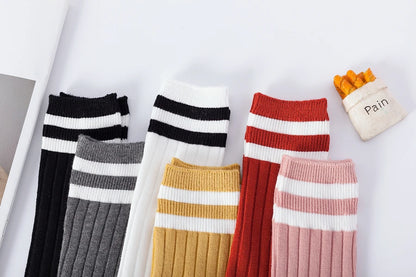 1 Pairs Kids Knee High Long Socks Autumn Winter Warmth Soft Cotton Children School Stocking Black White Stripes Sports Socks - ZOOMNSTORE