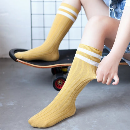 1 Pairs Kids Knee High Long Socks Autumn Winter Warmth Soft Cotton Children School Stocking Black White Stripes Sports Socks - ZOOMNSTORE