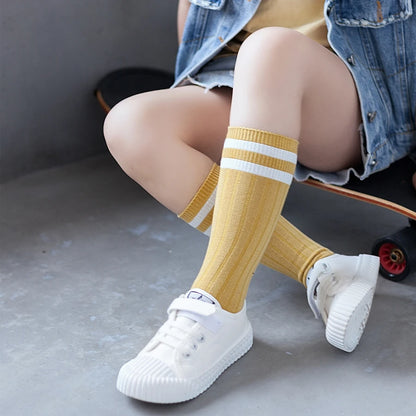 1 Pairs Kids Knee High Long Socks Autumn Winter Warmth Soft Cotton Children School Stocking Black White Stripes Sports Socks - ZOOMNSTORE