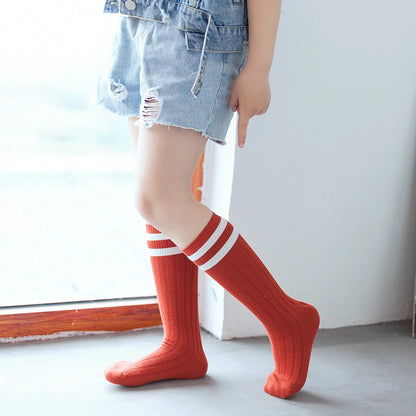 1 Pairs Kids Knee High Long Socks Autumn Winter Warmth Soft Cotton Children School Stocking Black White Stripes Sports Socks - ZOOMNSTORE