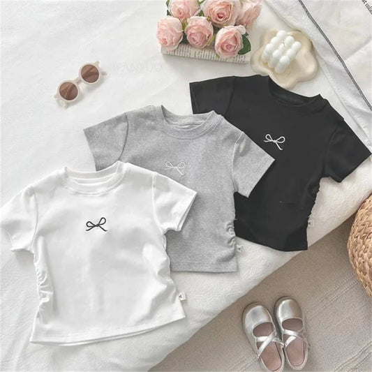 Korean Bowknot T-Shirt for Kids - Casual Cotton Short Sleeve Top 0-12 Years - ZOOMNSTORE