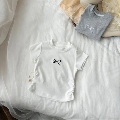 Korean Bowknot T-Shirt for Kids - Casual Cotton Short Sleeve Top 0-12 Years - ZOOMNSTORE
